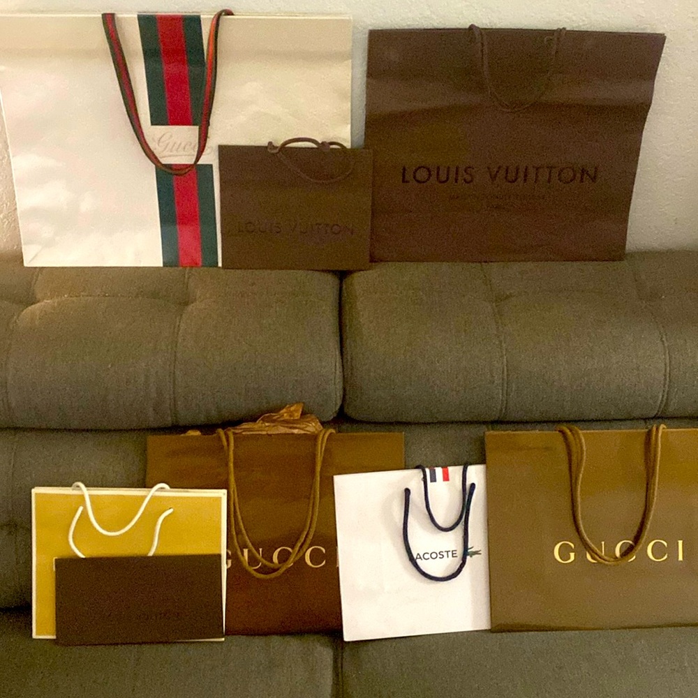 Designer shopping bags Gucci, Louis Vuitton, Tory Burch, Lacoste, MK